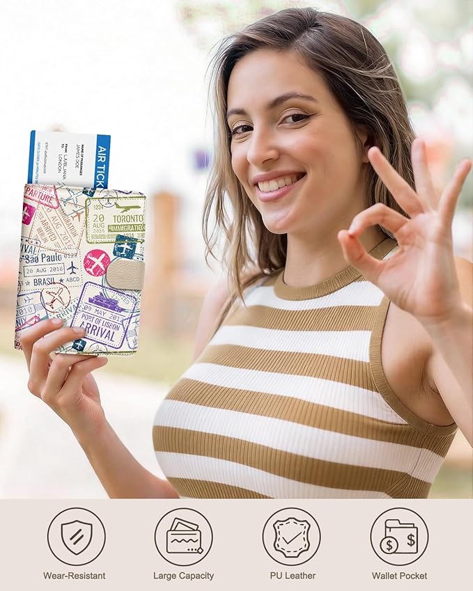 Slohif Passport Wallet Holder Cover for Travel - Women Men RFID Blocking Passport Book Case Protector, Cream Stamp Airplane Leather Personalized Organizer Slim Carrier Boarding Pass Cards Slots