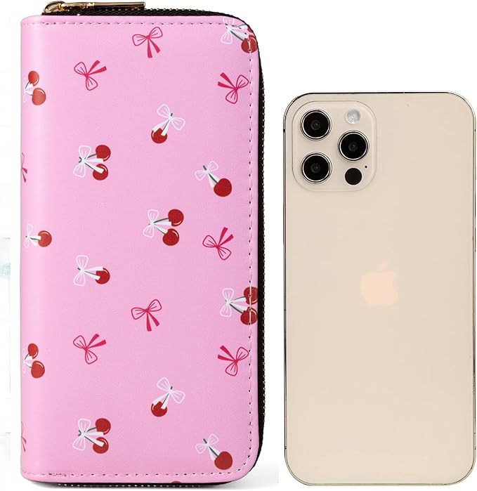 Cherry Wallets for Women Large Capacity 2 Zipper Fruit Ladies Purse Bow Credit Card Holder Pink