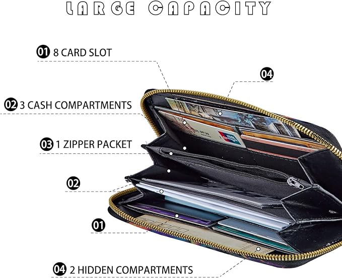 Women's RFID Blocking Zip Around Wallet with Detachable Wrist Strap, Large Capacity Credit Card Holder Organizer for Everyday Use,Magic Mushrooms