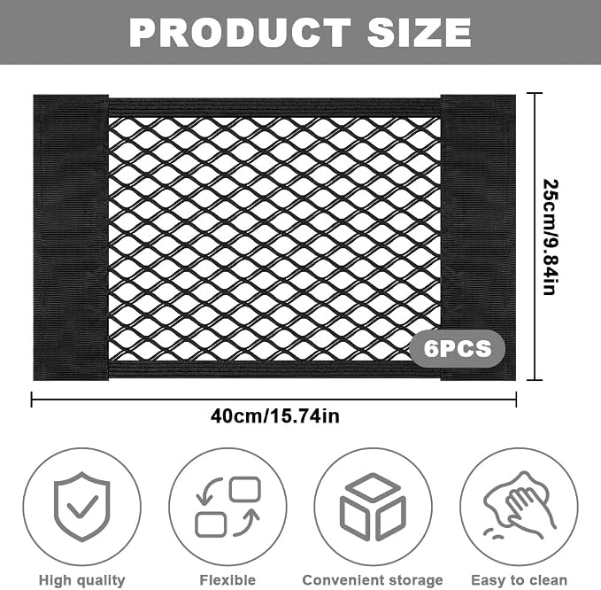 AOOWU Universal Mesh Cargo Net 6 Pack, Small Elastic Net Pocket Storage with Magic Adhesive, Wall Sticker Organizer Pouch Bags, Car Trunk Organizer Holder Netting Bag for Rv Automotive SUV Truck Boat