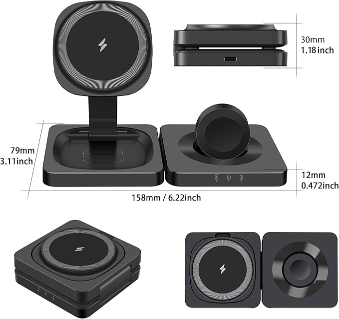 3 in 1 Wireless Charger Charging Stand Station Foldable for Mag-Safe Charging, 15W Fast Charge iPhone 17 Pro Max/17 Air/16/15/14 Plus/13/12 Mini,Air Pods,Apple Watch Series