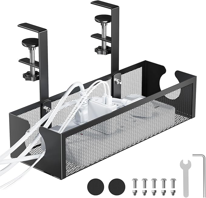 YECAYE No-Drill Metal Under Desk Cable Management Tray, Power Strip & Cable Organizer for Home Office,Under Desk Storage,Organizer Tray,Black