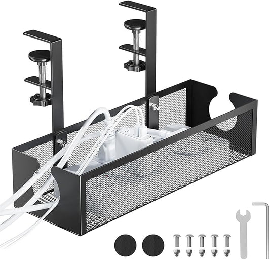 YECAYE No-Drill Metal Under Desk Cable Management Tray, Power Strip & Cable Organizer for Home Office,Under Desk Storage,Organizer Tray,Black