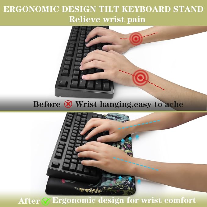 Ergonomic Keyboard Stand with Wrist Rest, Computer Wrist Support Pad, Tilted Keyboard Riser Holder Lift Tray with Wrist Pad, Easy Typing, Comfy Soft Memory Foam Desk Cushion for Office