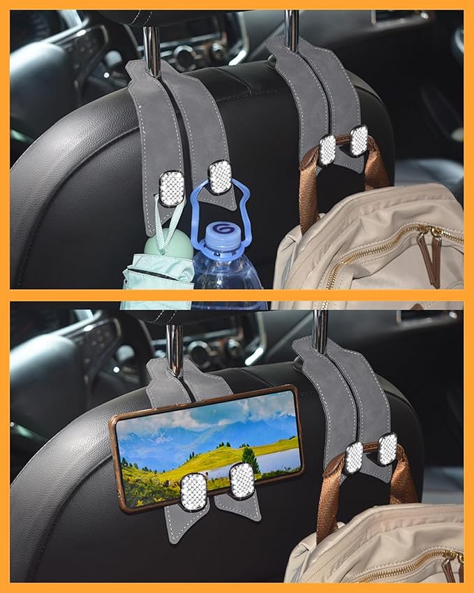 Purse Hook for Car, Car Hooks for Headrest Universal Purse Holder for Car, Bling Car Seat Hooks for Headrest, Car Seat Back Storage Hook (4 Pack, Gray)
