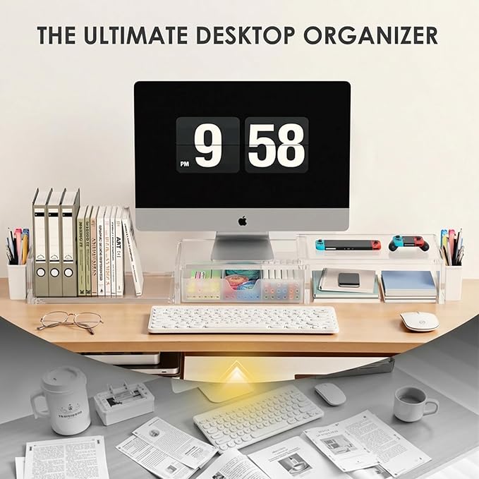 OPNICE Clear Acrylic Desk Organizers and Accessories, Dual Monitor Stand Riser with Drawer, Desk Shelf Computer Racks for Office Workspace Organizers, Desktop Organization (Transparent)