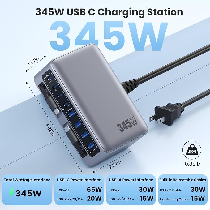 345W USB C Charger 10 in 1 Retractable Wall Charger with 2 Cables,GaN 6 USB C Charging Station Phone Charging PD Laptop Charger Adapter for MacBook Pro/Air,DELL,iPhone17/16/15,Galaxy S24,Android etc