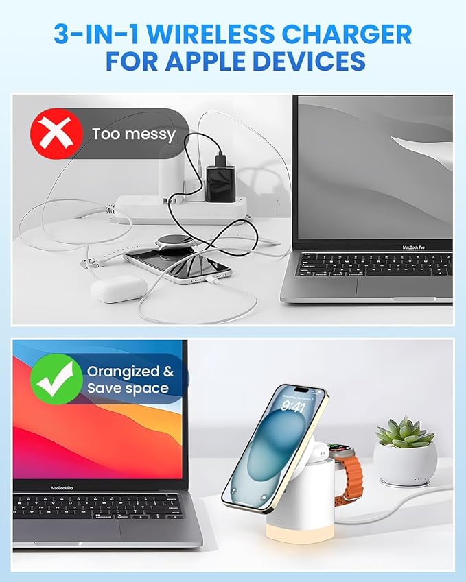 Wireless Charging Station for iPhone Mag-Safe: JoyGeek 3-in-1 Foldable Charger Phone Stand Charger for iPhone 16/15/14/13/12 Pro/Max/Plus - for AirPods - for Apple Watch 2-10/Ultra
