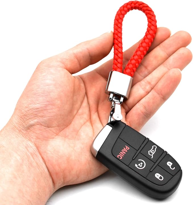 FEYOUN Universal Red Leather Car Fob Keychain Metal Keyring Woven Strap Braided Rope Key Chain for Men and Women - Silver Color, with 360 Degree Rotatable D-ring and Screwdriver