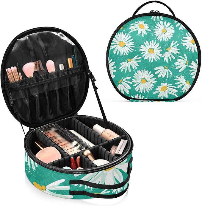 senya Round Cosmetic Pouch Travel Makeup Train Case Green Chamomile Makeup Organizer Bag with Adjustable Dividers Portable for Cosmetics Makeup Brushes Toiletry Jewelry Accessories