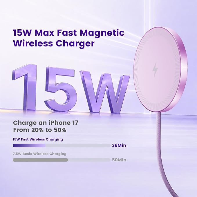 15W Wireless Charger for Apple MagSafe Charger, Magnetic Fast Charging Pad | Compatible for iPhone 17 16 15 14 13 12 Pro Max, AirPods-Slim Portable for Desk Bedside and Travel - 3 Pack, Light Violet
