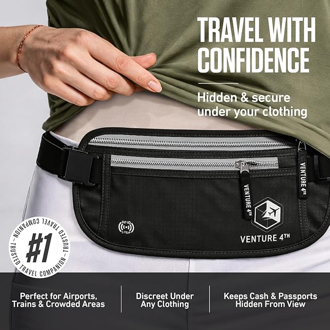 VENTURE 4TH Money Belt for Travel – Hidden Under-Clothes RFID Blocking Passport Holder & Slim Travel Wallet Pouch for Men & Women to Protect Cash, Cards & Documents (Black)