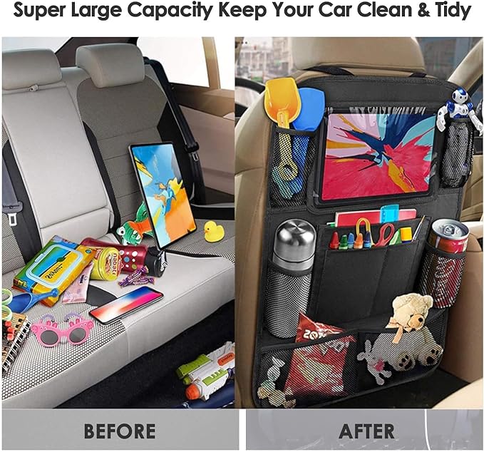 2 Pack Car Seat Organiser, Car Tidy Organiser Back Seat, Water Proof Oxford BackSeat Protector with 10" Ipad Tablet Holder, 9 Pockets for Books, Bottles, Black