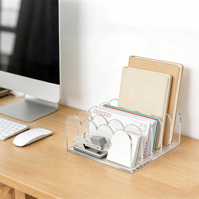 5-Compartments Acrylic Mail Organizer for Desktop, Scalloped Mail Sorter Organizer, Space Saving Acrylic File Organizer for Letter File Bills, Clear