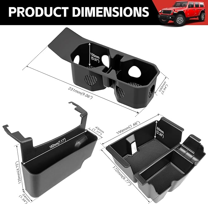Center Console Organizer for 2018-2025 Jeep Wrangler JL JLU 4XE/Gladiator JT Hanging Center Console Armrest Box Cupholder Insert for Wrangler&Gladiator(Hanging+Armrest+Cupholder Organizer)