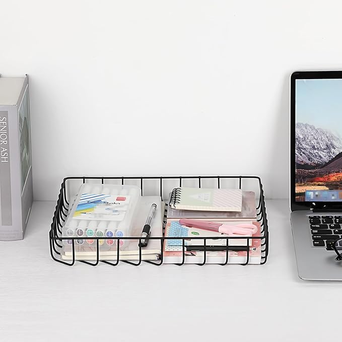 BTSKY Multipurpose A4 File Tray Wire Desk Organizer - Elegant Letter Size Documents Storage Basket for Office, Cosmetics, Bathroom (Black)