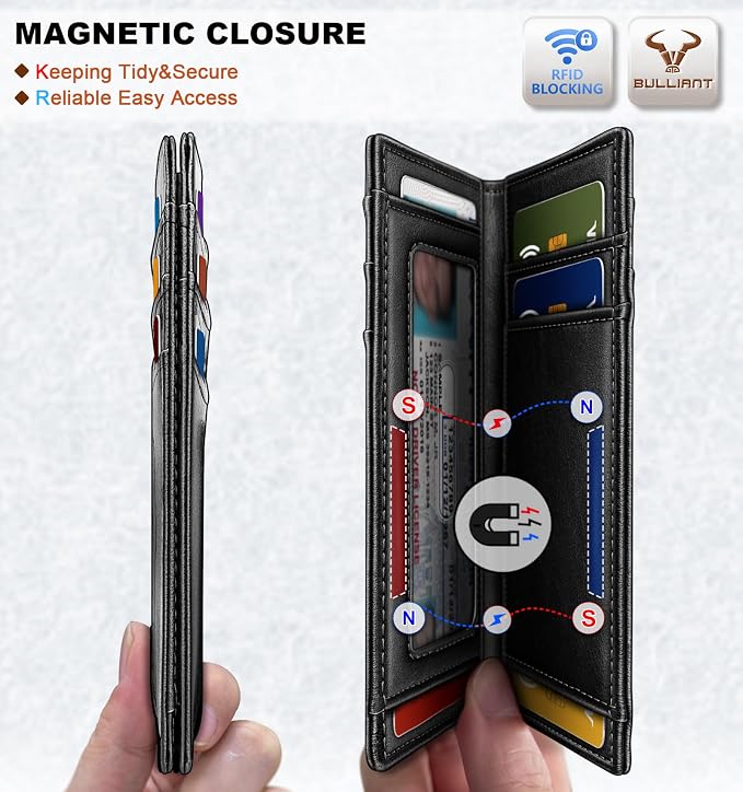 BULLIANT Slim Wallet For Men 12Cards,Magnetic Flip Build-in Money Clip Airtag Compatible-RFID Blocking