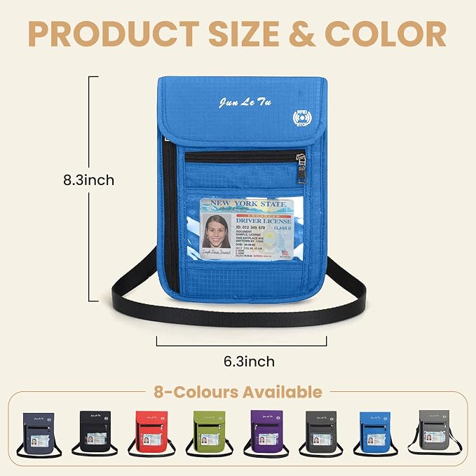 Passport Holder for Travel, RFID Passport Wallet with Visual Window Design, Multifunctional Document Organizer, Waterproof Travel Pouch Neck Wallet for Men and Women, Blue