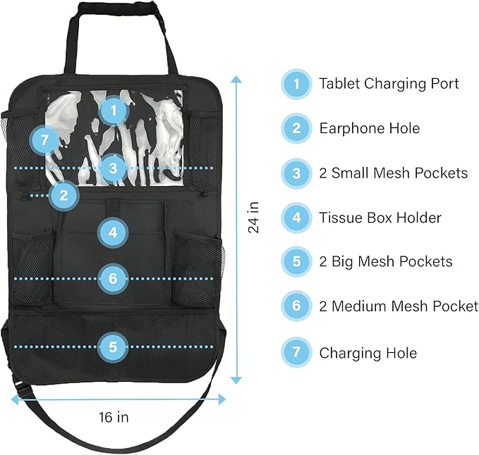 Car Seat Organizer With Touch Screen Tablet Holder And Multiple Pockets Waterproof Car Accessories Heavy Duty Oxford Fabric Backseat Car Organizer Protectors Kick Mats for Kids Toddlers - 2 Packs