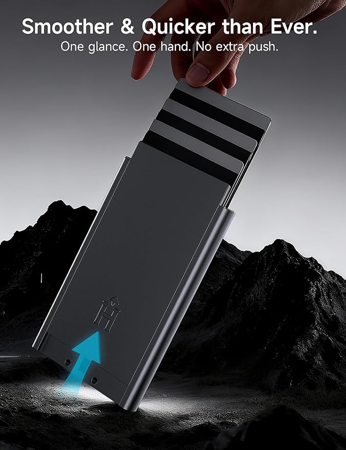 Slim Minimalist Wallet for Men with Elastic Cash Strap - Low Profile Aluminum Swipe Pop up Card Holder Wallet, RFID Protected Front Pocket Metal Wallet for Men, Gifts for Men Him