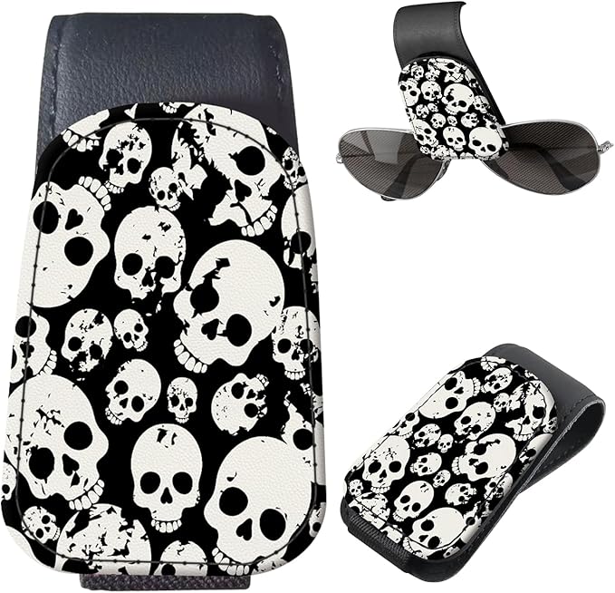 Sunglasses Holder for Car Visor, PU Leather Glasses Clip Organizer, Cute Magnetic Eyeglass Holder for Vehicle Sun Visor, Car Interior Accessory for Women & Men Black White Skull Pattern