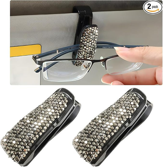 Wevdn 2 PCS Car Sun Visor Glasses Holder, Fashion Bling Car Eyeglasses Sunglasses Hanger for Women Girls, Glasses Holder Clip Hanger Mount with Ticket Card Clip, Car Accessories (Bright Black)