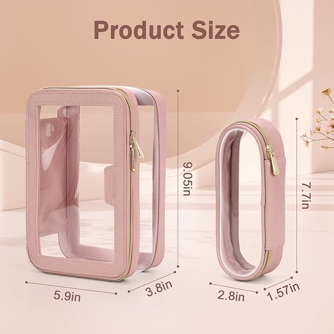 Soimeat Travel Clear Makeup Bag with Makeup Brush Bag, Leather Makeup Case Toiletry Bag, Portable Cosmetic Bag Case, Transparent Waterproof Cosmetic Organizer Storage Bag for Women, Pink