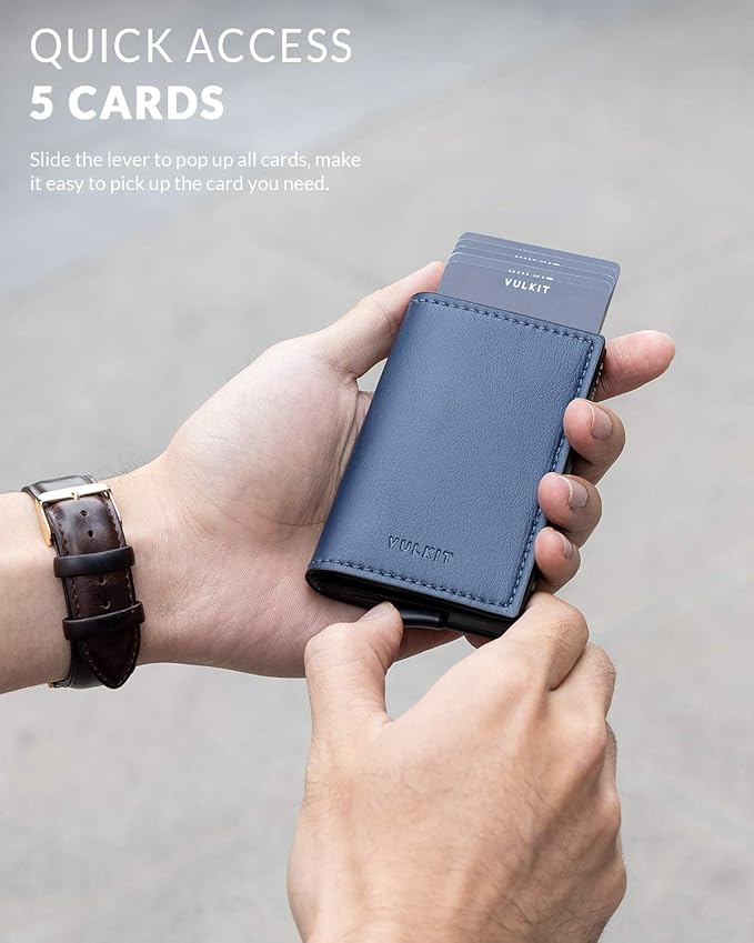 VULKIT Credit Card Holder RFID Blocking Leather Automatic Pop Up Wallet Aluminum Pocket Business Card Case