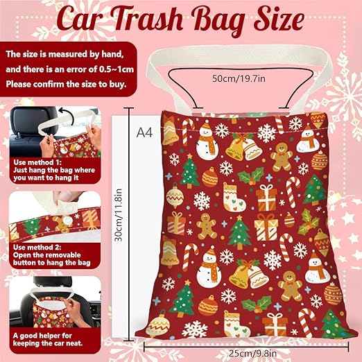 Christmas Elements Car Trash Bag Portable Waterproof Hanging Garbage Bag with Snap Buttons Back Seat Rubbish Storage Dustbin for Car Interior Accessories Kitchen Home Festival Gift