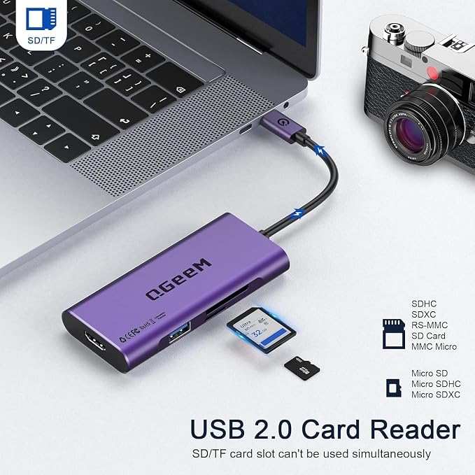 USB C Hub, QGeeM USB 4k to HDMI Adapter, 7 in 1 USB-C Dongle with 100W PD,USB 3.0, Card Reader, Compatible for MacBook iPhone 15/17 Ipad Pro max,Chromebook Laptop USB Type C Dock-Purple