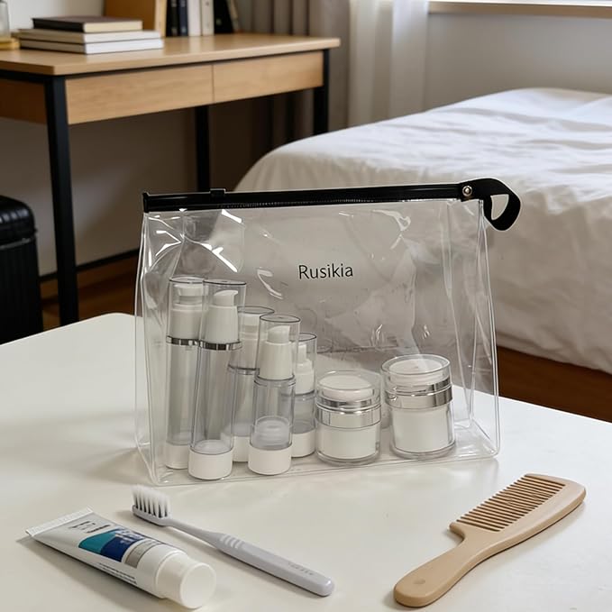 13 Pack Big Travel Size Containers, 1.7/1/0.5oz Clear Airless Pump Bottles, TSA Approved Skincare Empty Leak Proof Bottles Refillable Jars for Travel or Home Toiletries, Lotion, Liquid, Cream