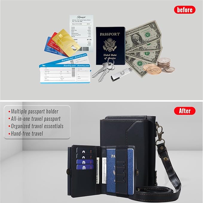 ASAPDOS RFID Blocking Family Passport Holder Wallet,Hold 2-3 Passports for Travel with Credit Card Slots & Wrist Crossbody Strap Black