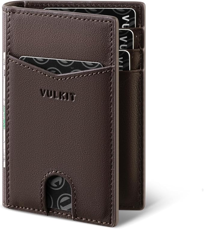 VULKIT Bifold Front Pocket Slim Wallet RFID Blocking Minimalist Thin Genuine Leather Credit Card Holder Wallet for Men and Women Nappa Espresso