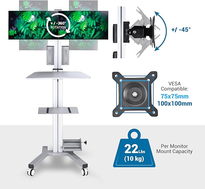AW 32" Mobile PC Stand Workstation, Height Adjustable Dual Monitor Mount, Rolling Computer Cart on Wheels, Silver