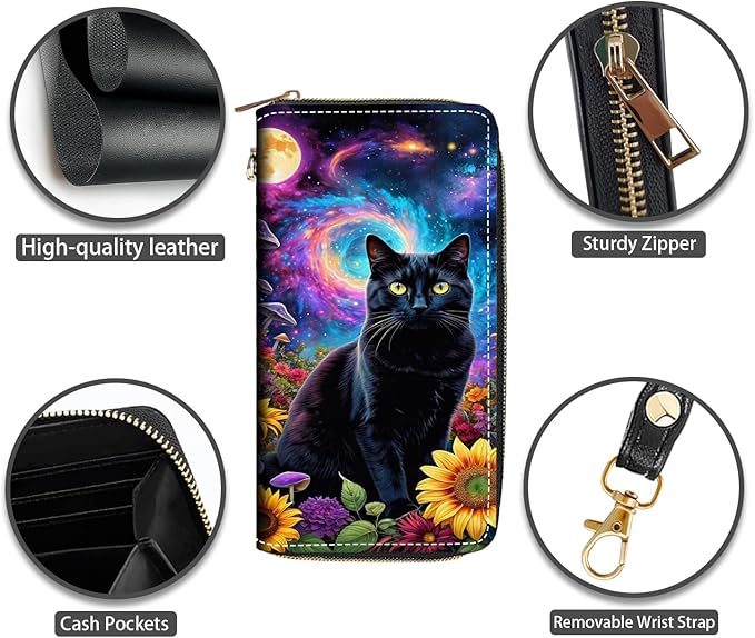 Black Cat Print Women Large Capacity PU Leather Zip Around Wallet, Multifunctional Clutch Purse for Cash/Card/Coin/Smart Phone