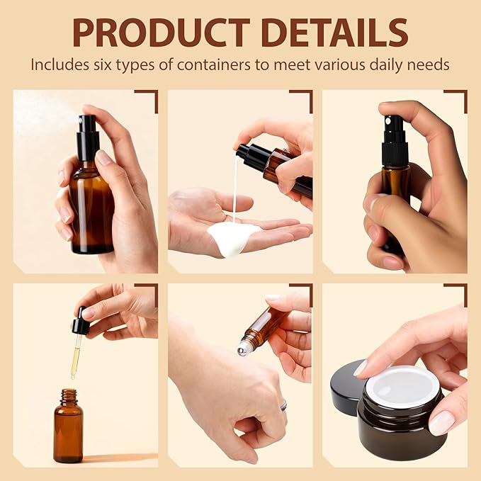 29 Pack TSA Approved Glass Travel Skincare Containers,Toiletry Bag，1.7/1/0.7/0.5/0.3oz Refillable Traveling Size Containers with Pump, Jars & Essential Oil Bottle , Leak-Proof for Creams & Liquids