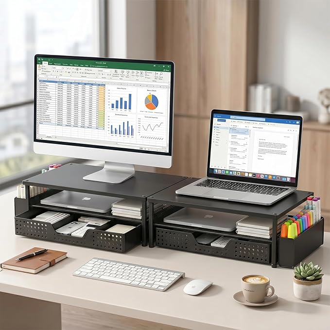 ECOLOVI Desk Organizer and Accessories, 2-Tier Computer Monitor Stand Rise with Storage Drawer & 2 Pen Holders, Laptop & Printer Stand for Desktop, Workspace Organizers for Office Supplies (Black Wood)