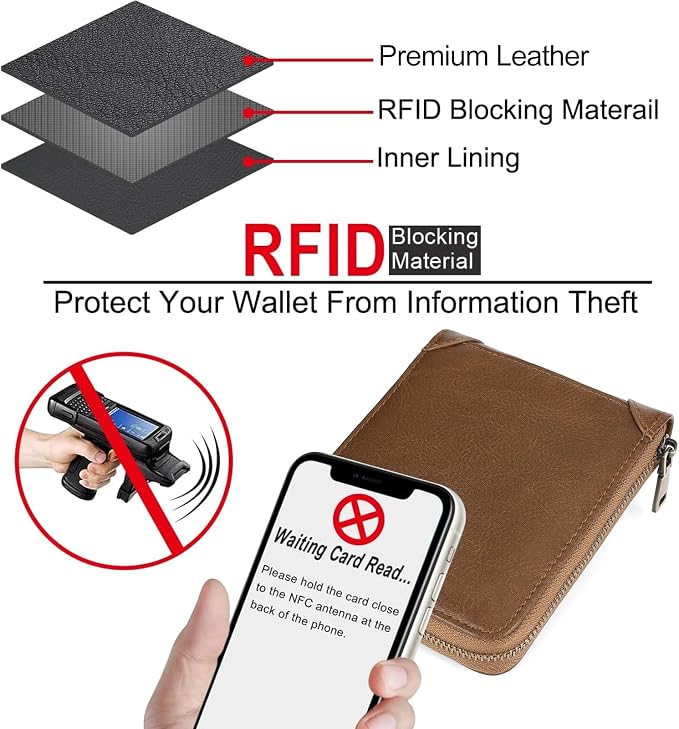 GAEKEAO Zipper Wallet for Men Vegan Leather RFID Blocking Large Capacity Bifold Wallets with ID Window Change Pocket