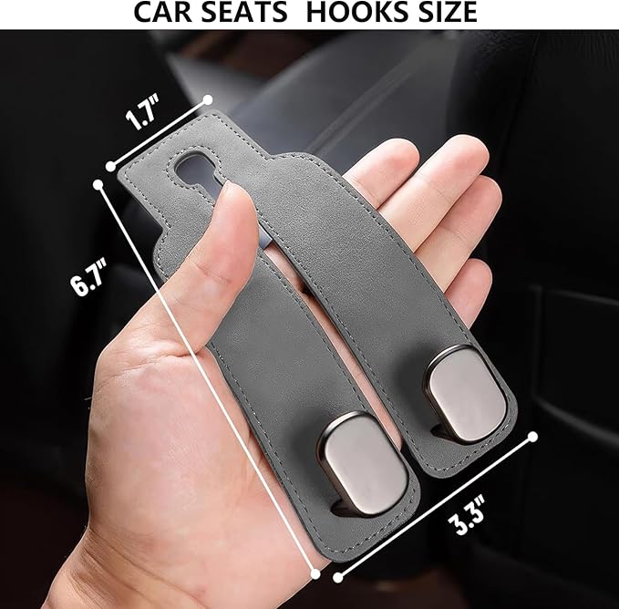 2 Pack Car Headrest Hooks - Premium Leather Seat Holder for Purses and Bags (Grey)