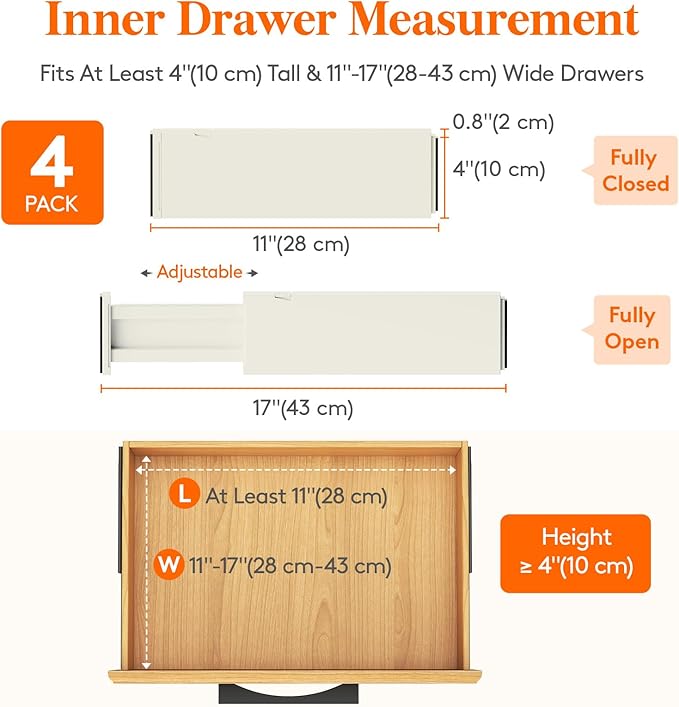 Lifewit 4 Pack 4" High Drawer Dividers 28-43.5cm/11-17" Adjustable Drawer Organizer for Clothes/Utensils, Expandable Drawer Separator in Dresser/Kitchen/Bedroom/Office Organization & Storage Beige