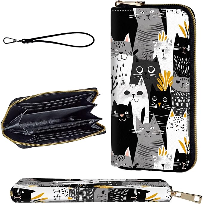 Wallet,Leather Long Wallet Suitable For Ladies And Teenagers - Detachable Wristband + RFID Travel Wallet With Card Slot - Funny Cats