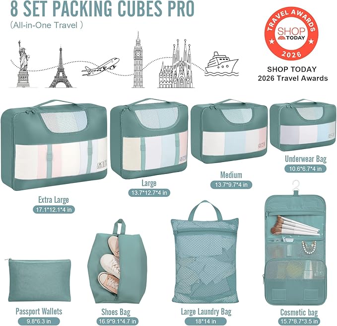 Veken 8 Set Packing Cubes for Travel Essentials, Suitcase Organizer Bags in 4 Sizes, Carry-On Luggage Accessories with Large Laundry & Hanging Toiletry Bag, Must-Have for Airplane, Road Trip & Camping
