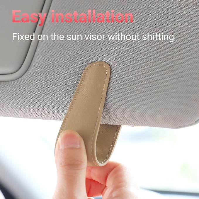 KanSmart Sunglass Holder for Car Visor Sunglasses Clip Magnetic Leather Glasses Eyeglass Holder Interior Car Accessories for Woman Man - 2 Packs Beige