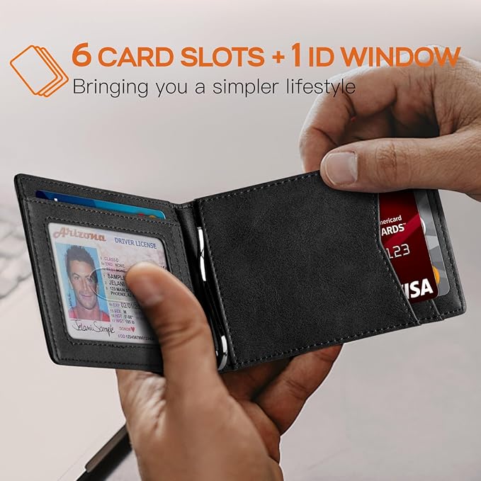 RUNBOX Slim Wallet for Men Genuine Leather RFID Blocking Bifold Minimalist Front Pocket Mens Wallet with Money Clip Thin Gift Box