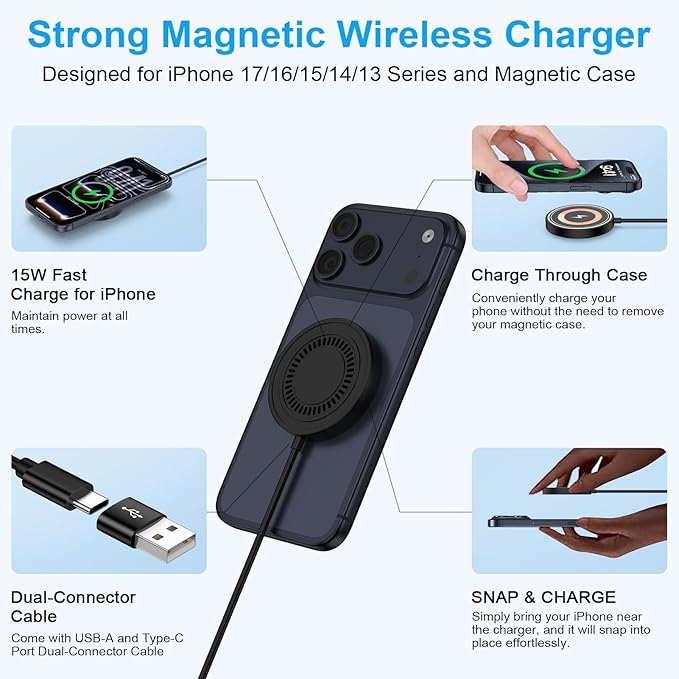 Magnetic Wireless Charger Pad for Samsung Galaxy S26 Ultra S26+ S26 S25 Ultra S24 FE S23,15W Magnet Wireless Fast Charging Station MagSafe Charger for iPhone 17 Pro Max 16Plus 15 14 13,Google Pixel 10