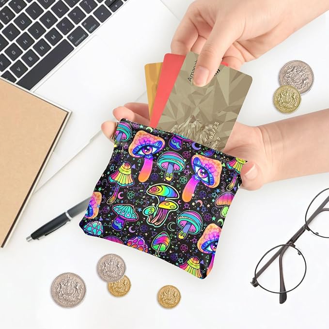 Magic mushroom Women's Waterproof PU Leather Coin Purse, Slim Travel Wallet with Zipper - Compact Card Holder & Jewelry Organizer for Cash, Keys, Lipstick