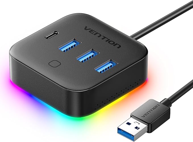 VENTION 5 Port USB Hub with RGB Light,5Gbps USB A Splitter with USB 3.2 Gen 1×Type-C,USB A 3.0×3 Data Ports and 1×5V/2A Power Port for Laptop/MacBook/Keyboard,0.5M