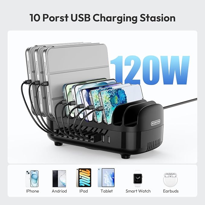 10 Ports Charging Station for Multiple Devices, 120W Charging Station Organizer, USB Charging Docking with Cooling Fan, for iPhone, for iPad, Tablet, Kindle, ETL Listed (2.4A Each, 24A in Total)