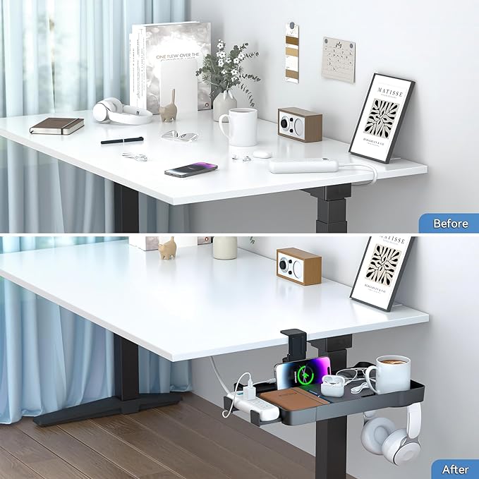 KDD Under Desk Organizer - 360° Rotating Clamp-On Tray with Headphone Hook, Phone & Tablet Holder, Cup Holder, and Cable Management - No Drilling Desk Storage Accessories for Office and Home