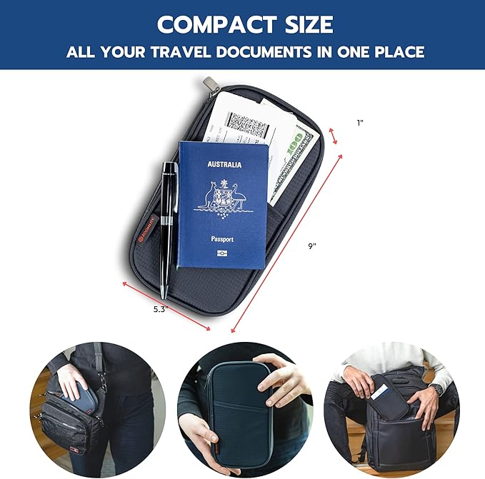 Zoom Lite Premium Travel Document Organizer, Travel Wallet Passport Holder Family 4 with RFID Protection and Removable Wristlet - Fits Cards, Money for Women and Men Passports Bag– Black